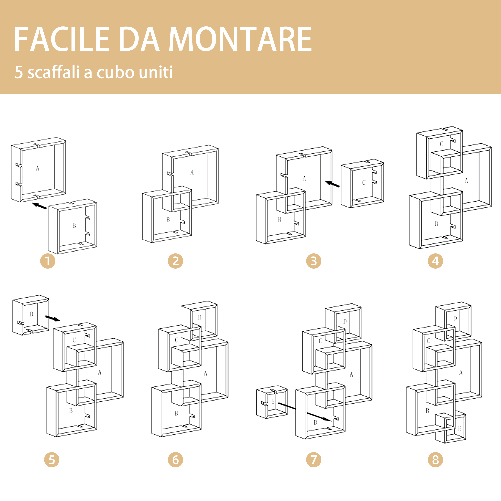 HOMCOM-Libreria-Moderna-Sospesa-con-5-Cubi-Intrecciati-in-Legno-49.5x10.2x86cm-Bianco