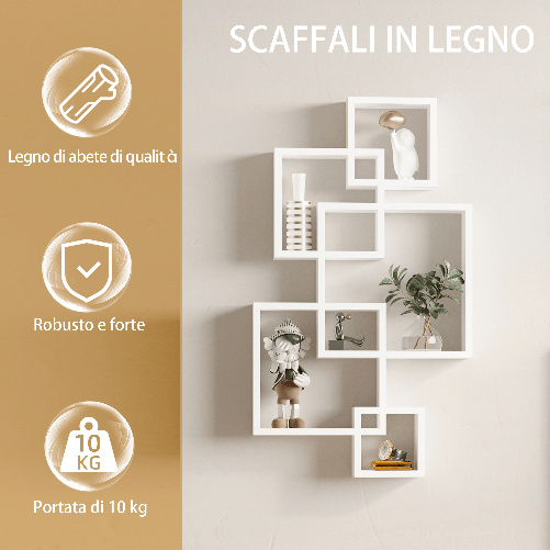 HOMCOM-Libreria-Moderna-Sospesa-con-5-Cubi-Intrecciati-in-Legno-49.5x10.2x86cm-Bianco