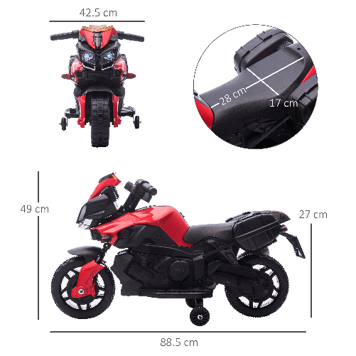 HOMCOM-Moto-Elettrica-per-Bambini-con-Fari-e-Clacson-Batteria-6V-Velocita-3km-h-Eta-18-48-Mesi-88.5x42.5x49cm-Rosso