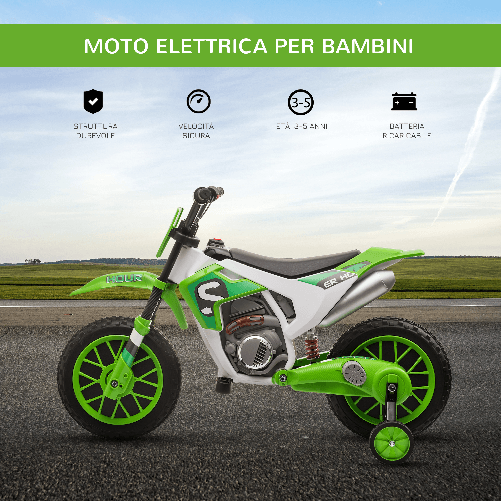 HOMCOM-Moto-da-Cross-Elettrica-per-Bambini-da-3-5-Anni-Batteria-12V-Ricaricabile-e-Rotelline-Rimovibili-106.5x51.5x68cm-Verde