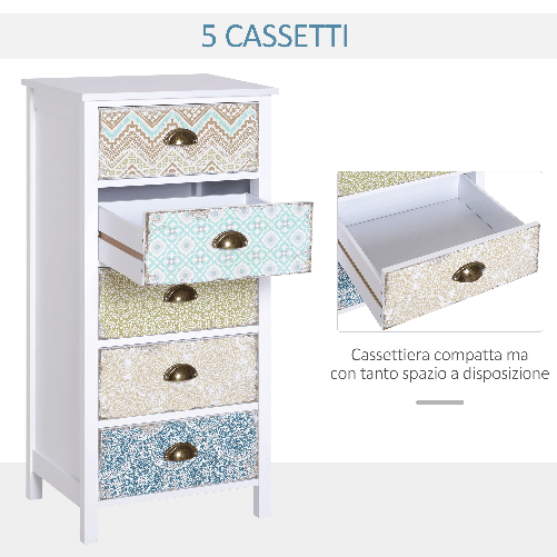 HOMCOM-Cassettiera-Mobiletto-Vintage-con-5-Cassetti-Stile-Shabby-Bagno-Ingresso-Camera-46-×-34-×-97.5cm-Bianco