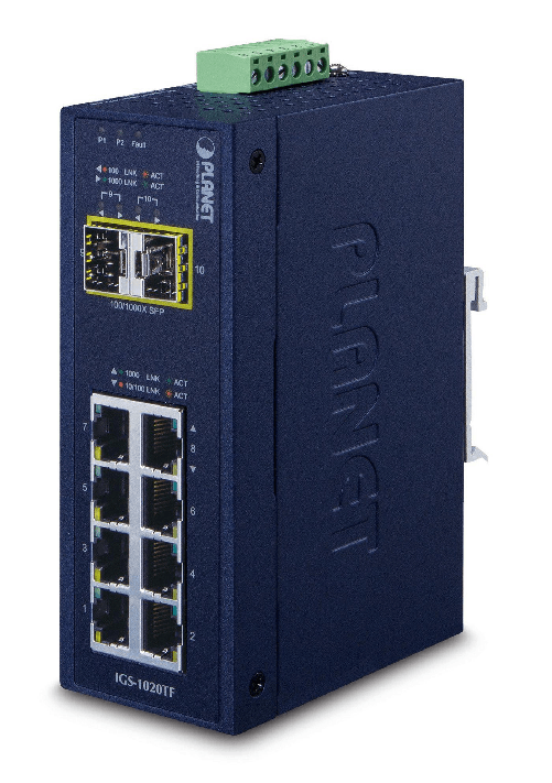 PLANET-IGS-1020TF-switch-di-rete-Non-gestito-Gigabit-Ethernet-10-100-1000-Blu--IP30-Industrial-8-P-10-100-100----2-P-100