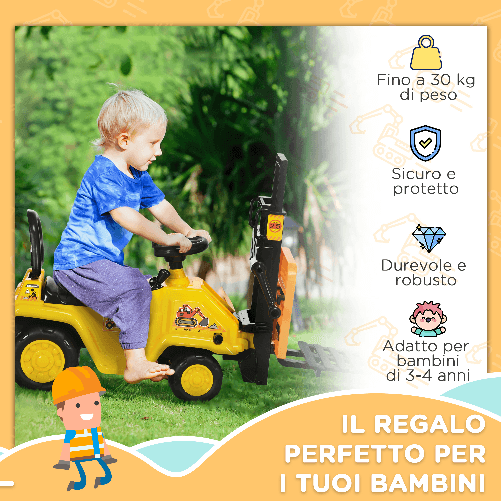 HOMCOM-Trattore-a-Pedali-per-Bambini-3-4-Anni-con-Muletto-e-Spazio-Portaoggetti-86x27.5x47.5-cm-Giallo-e-Nero