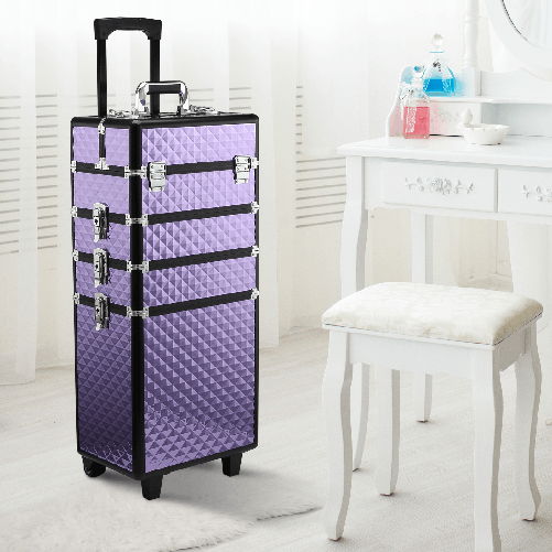 HOMCOM-Valigia-Porta-Trucchi-Professionale-Trolley-Makeup-da-Viaggio-in-Alluminio-2-Ruote-Viola-33.5x23x76-95.5cm