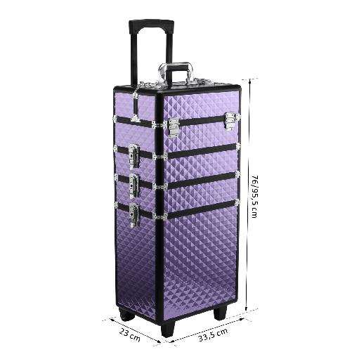 HOMCOM-Valigia-Porta-Trucchi-Professionale-Trolley-Makeup-da-Viaggio-in-Alluminio-2-Ruote-Viola-33.5x23x76-95.5cm