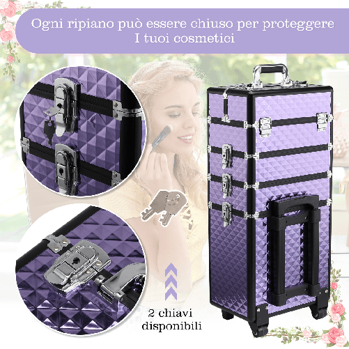 HOMCOM-Valigia-Porta-Trucchi-Professionale-Trolley-Makeup-da-Viaggio-in-Alluminio-2-Ruote-Viola-33.5x23x76-95.5cm