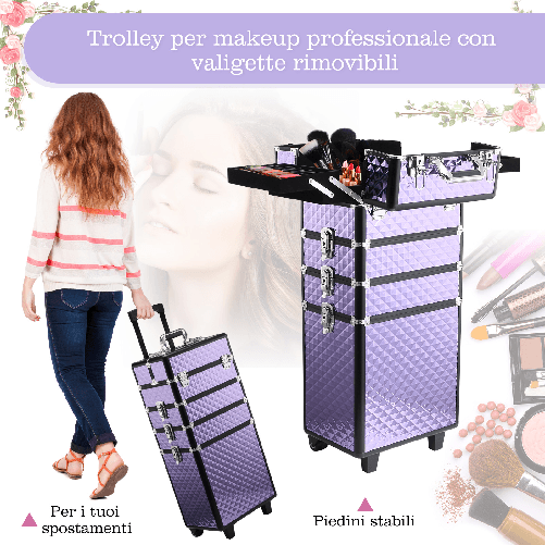 HOMCOM-Valigia-Porta-Trucchi-Professionale-Trolley-Makeup-da-Viaggio-in-Alluminio-2-Ruote-Viola-33.5x23x76-95.5cm