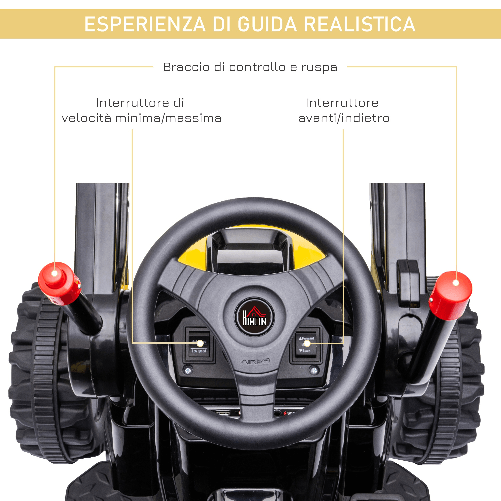 HOMCOM-Escavatore-Cavalcabile-per-Bambini-3-5-Anni-Ruspa-Giocattolo-a-Batteria-6V-con-Suoni-e-Luci-Velocita-1.5-2.5-km-h-132cmx62cmx65cm-Giallo