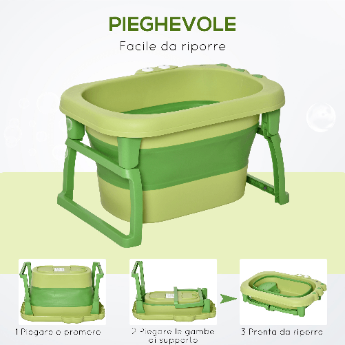 HOMCOM-Vaschetta-Bagnetto-Pieghevole-per-Bimbi-0-6-Anni-in-Plastica-Antiscivolo-Verde-75.3x55.4x43cm