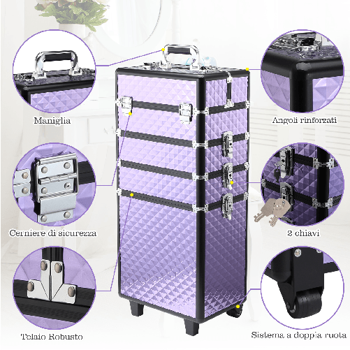 HOMCOM-Valigia-Porta-Trucchi-Professionale-Trolley-Makeup-da-Viaggio-in-Alluminio-2-Ruote-Viola-33.5x23x76-95.5cm