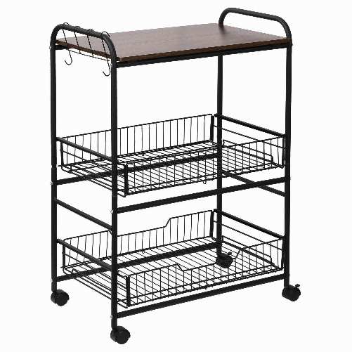 HOMCOM-Carrello-da-Cucina-Portavivande-Stile-Industriale-con-4-Ruote-2-Cestini-e-4-Ganci-60x38x85.5cm---Marrone-Nero