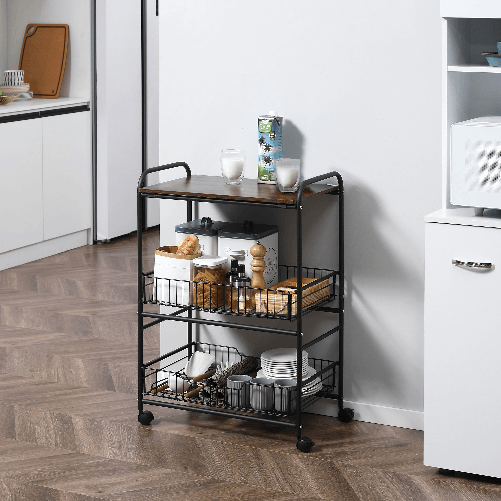 HOMCOM-Carrello-da-Cucina-Portavivande-Stile-Industriale-con-4-Ruote-2-Cestini-e-4-Ganci-60x38x85.5cm---Marrone-Nero