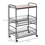 HOMCOM-Carrello-da-Cucina-Portavivande-Stile-Industriale-con-4-Ruote-2-Cestini-e-4-Ganci-60x38x85.5cm---Marrone-Nero