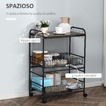 HOMCOM-Carrello-da-Cucina-Portavivande-Stile-Industriale-con-4-Ruote-2-Cestini-e-4-Ganci-60x38x85.5cm---Marrone-Nero