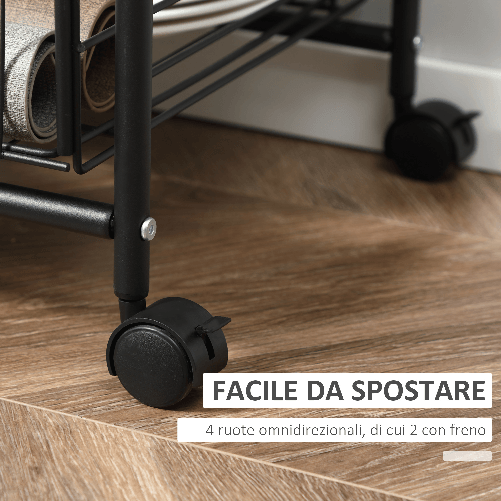 HOMCOM-Carrello-da-Cucina-Portavivande-Stile-Industriale-con-4-Ruote-2-Cestini-e-4-Ganci-60x38x85.5cm---Marrone-Nero