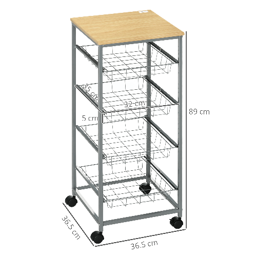 HOMCOM-Carrello-Cucina-Salvaspazio-Ruote-4-Cesti-Acciaio-Legno-36.5-×-36.5-×-89cm