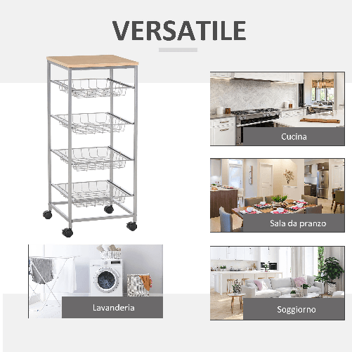 HOMCOM-Carrello-Cucina-Salvaspazio-Ruote-4-Cesti-Acciaio-Legno-36.5-×-36.5-×-89cm