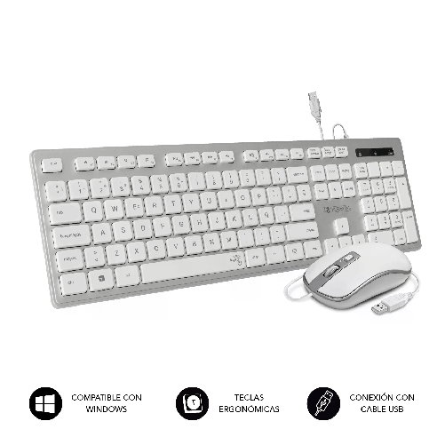 SUBBLIM-SUBKBC-CEKE60-tastiera-Mouse-incluso-USB-QWERTY-Spagnolo-Argento-Bianco