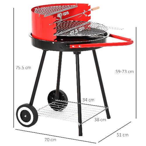 Outsunny-Grill-BBQ-Barbecue-a-Carbonella-Doppia-Griglia-Regolabile-con-Ruote-Acciaio-51x70x75.5cm-Nero-e-Rosso