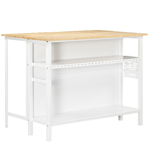 HOMCOM-Isola-Cucina-con-Piano-di-Lavoro-Pieghevole-e-2-Ripiani-in-Legno-e-Acciaio-120x76x91.5cm-Bianco