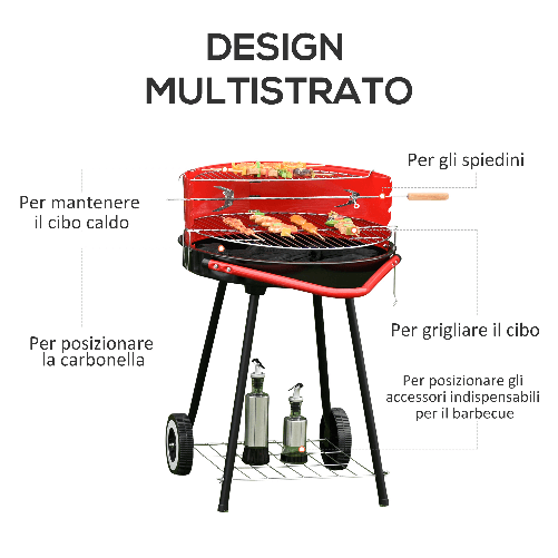 Outsunny-Grill-BBQ-Barbecue-a-Carbonella-Doppia-Griglia-Regolabile-con-Ruote-Acciaio-51x70x75.5cm-Nero-e-Rosso