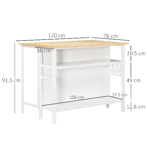 HOMCOM-Isola-Cucina-con-Piano-di-Lavoro-Pieghevole-e-2-Ripiani-in-Legno-e-Acciaio-120x76x91.5cm-Bianco