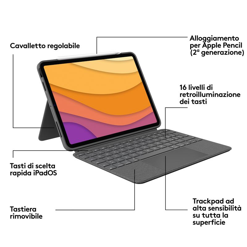 Logitech-Combo-Touch-Custodia-con-Tastiera-per-iPad-Air--4.-gen---2020----Tastiera-Retroilluminata-Rimovibile-Trackpad-Click-Anywhere-Smart-Connector---Grigio.