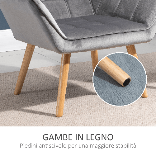 HOMCOM-Poltroncina-Stile-Nordico-in-Legno-ed-Effetto-Velluto-Grigio-per-Soggiorno-o-Ufficio-64x62x72.5-cm