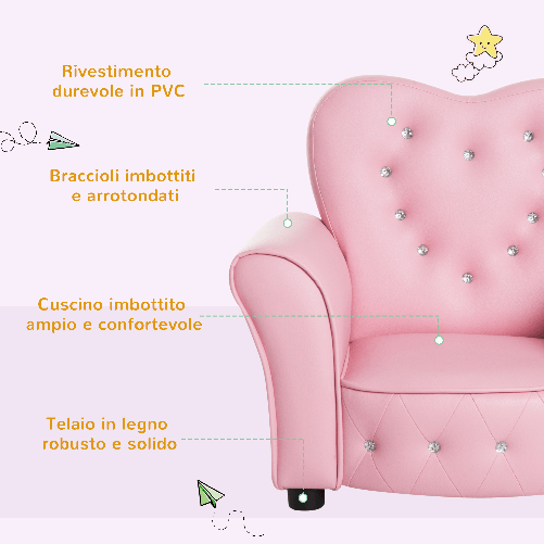 HOMCOM-Poltroncina-per-Bambini-Imbottita-Poltrona-per-cameretta-con-Rivestimento-in-PVC-e-Struttura-in-Legno-59x41.5x49cm-Rosa