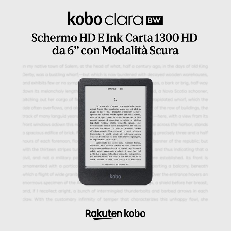 Kobo-Clara-BW-eReader-Display-antiriflesso-HD-in-bianco-e-nero-E-Ink-Carta-1300-da-6”-Modalita--Scura-Audiolibri-Impermeabile-Nero