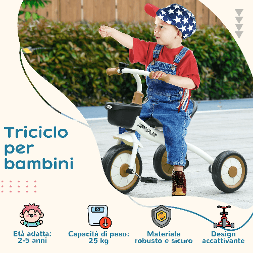 AIYAPLAY-Triciclo-per-Bambini-da-2-5-Anni-con-Seduta-Regolabile-e-Campanello-70.5x50x58cm-Bianco