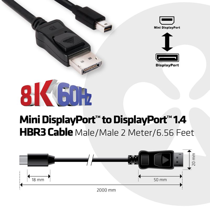 CLUB3D-Mini-DisplayPort-to-DisplayPort-1.4-HBR3-8K60Hz-Cable-2-Meter---6.56-Feet