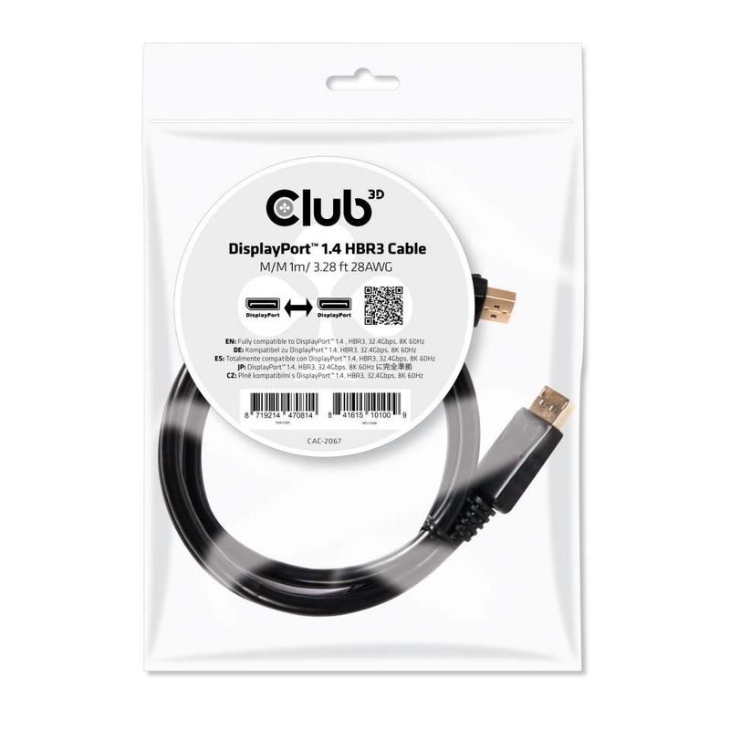 CLUB3D-DisplayPort-1.4-HBR3-Cable-1m-3.28ft-Male-Male-8K60Hz