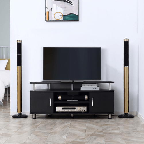 HOMCOM-Mobile-Porta-TV-Classico-da-Soggiorno-con-2-ripiani-e-2-Armadietti-in-MDF-e-Acciaio-Inox-Nero-120x39.5x52cm