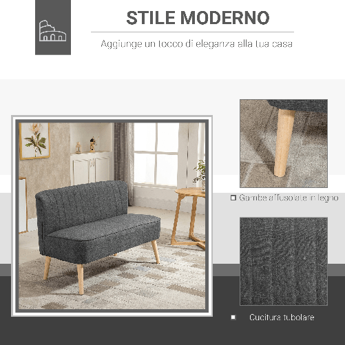 HOMCOM-Divano-2-Posti-Moderno-in-Tessuto-Senza-Braccioli-Struttura-e-Gambe-in-Legno-117x56.5x77cm-Grigio-Scuro