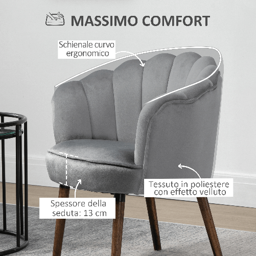 HOMCOM-Poltrona-in-Velluto-Imbottita-con-Schienale-a-Conchiglia-66x66x78.5cm-Grigio