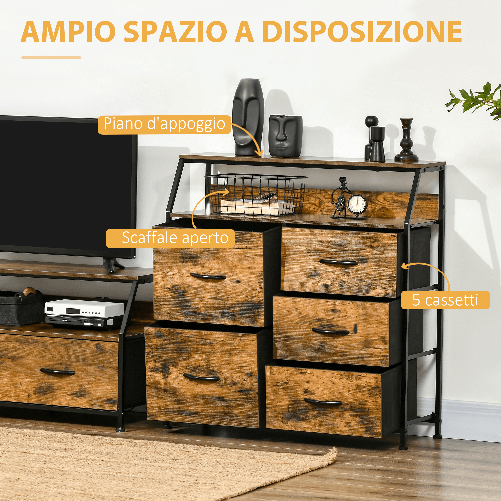 HOMCOM-Mobile-Cassettiera-con-5-Cassetti-in-Tessuto-Pieghevoli-Stile-Industriale-83.5x29x87cm-Marrone