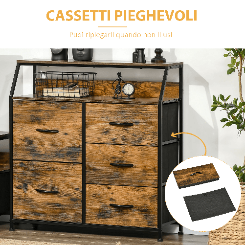 HOMCOM-Mobile-Cassettiera-con-5-Cassetti-in-Tessuto-Pieghevoli-Stile-Industriale-83.5x29x87cm-Marrone