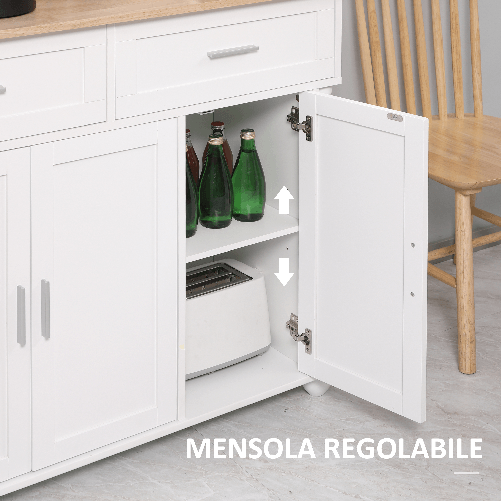 HOMCOM-Isola-per-Cucina-con-2-Cassetti-2-Armadietti-e-Ripiani-Interni-Regolabili-in-3-Posizioni-106x39.5x89.5-cm-Bianco