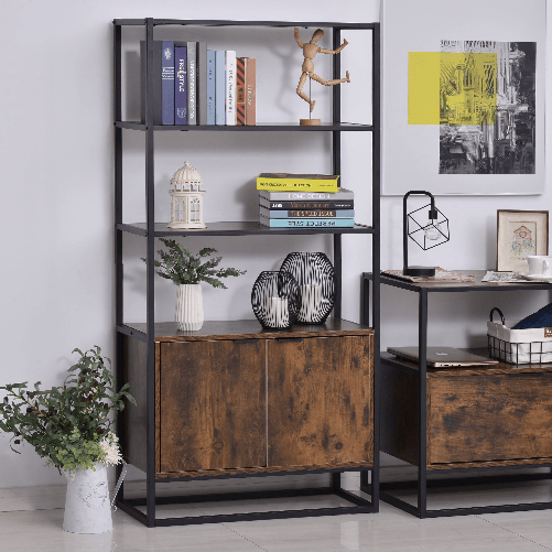 HOMCOM-Scaffale-Libreria-in-Stile-Vintage-con-3-Ripiani-1-Armadietto-in-Legno-e-Telaio-in-Metallo-Nero-76x33x162.5cm