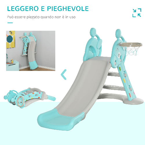 HOMCOM-Scivolo-per-Bambini-con-Canestro-Basket-per-Interno-ed-Esterno-in-PP-e-HDPE-Eta-2-4-Anni-147x82x85.5cm-Grigio-e-Blu