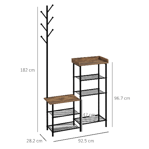 HOMCOM-Appendiabiti-da-Terra-a-6-Ganci-in-Truciolato-e-Acciaio-con-Mobile-Scarpiera-Portaoggetti-92.5x28.2x182-cm