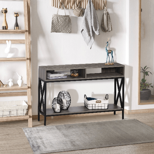 HOMCOM-Tavolo-Consolle-Stile-Vintage-Industriale-con-3-Ripiani-e-Telaio-in-Metallo-Grigio-e-Nero-120x23.5x75cm
