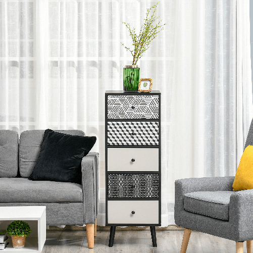 HOMCOM-Mobile-Cassettiera-5-Cassetti-Fantasia-Geometrica-Arredamento-Moderno-Camera-e-Ingresso-40x40x111.5cm-Nero-Grigio