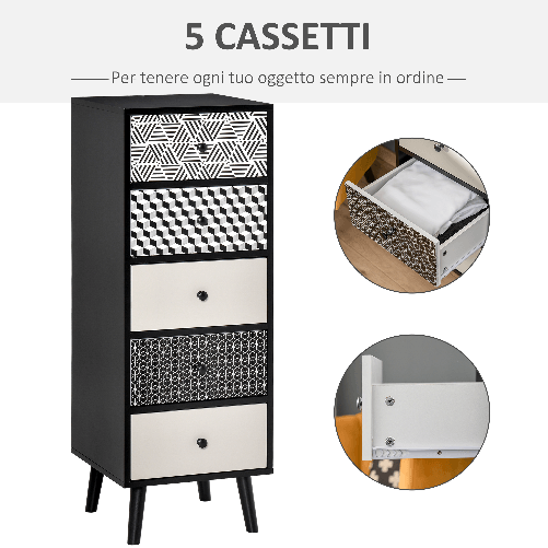 HOMCOM-Mobile-Cassettiera-5-Cassetti-Fantasia-Geometrica-Arredamento-Moderno-Camera-e-Ingresso-40x40x111.5cm-Nero-Grigio