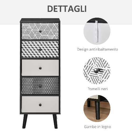 HOMCOM-Mobile-Cassettiera-5-Cassetti-Fantasia-Geometrica-Arredamento-Moderno-Camera-e-Ingresso-40x40x111.5cm-Nero-Grigio