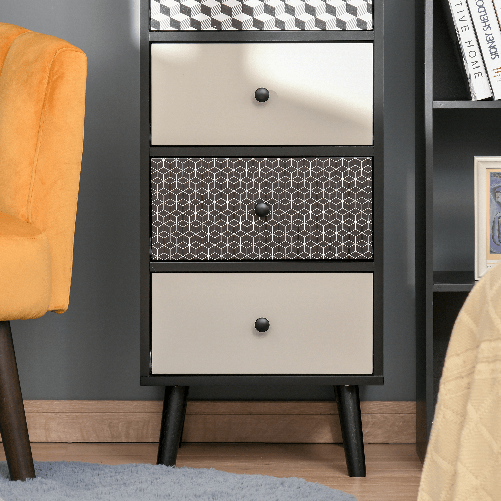 HOMCOM-Mobile-Cassettiera-5-Cassetti-Fantasia-Geometrica-Arredamento-Moderno-Camera-e-Ingresso-40x40x111.5cm-Nero-Grigio