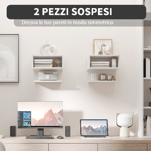 HOMCOM-Scaffale-a-Parete-Bianco-Set-2-Pezzi-in-MDF-con-Ripiano-Aperto-e-Piano-d-Appoggio-40x29.5x33.5-cm