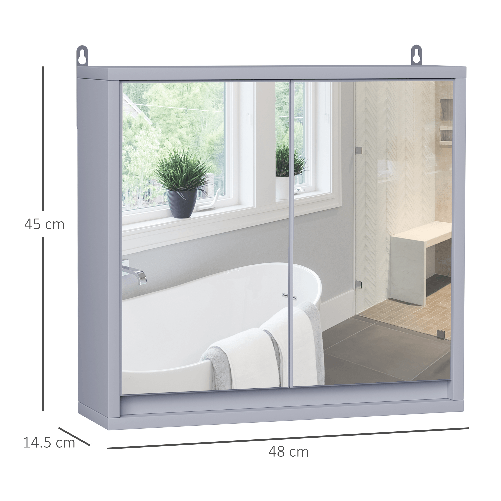 HOMCOM-Armadietto-Doppia-Porta-a-Vetro-con-Ripiano-Regolabile-da-Bagno-da-Parete-Legno-48x14.5x45cm-Grigio