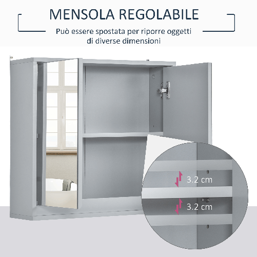 HOMCOM-Armadietto-Doppia-Porta-a-Vetro-con-Ripiano-Regolabile-da-Bagno-da-Parete-Legno-48x14.5x45cm-Grigio